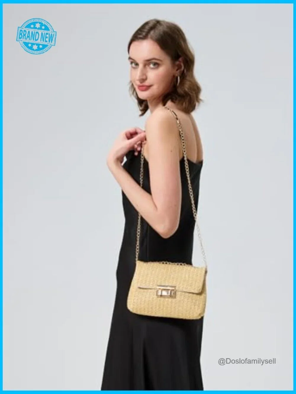 Woven Straw Summer Clutch Purse with Gold Chain and Turn-Lock Flap